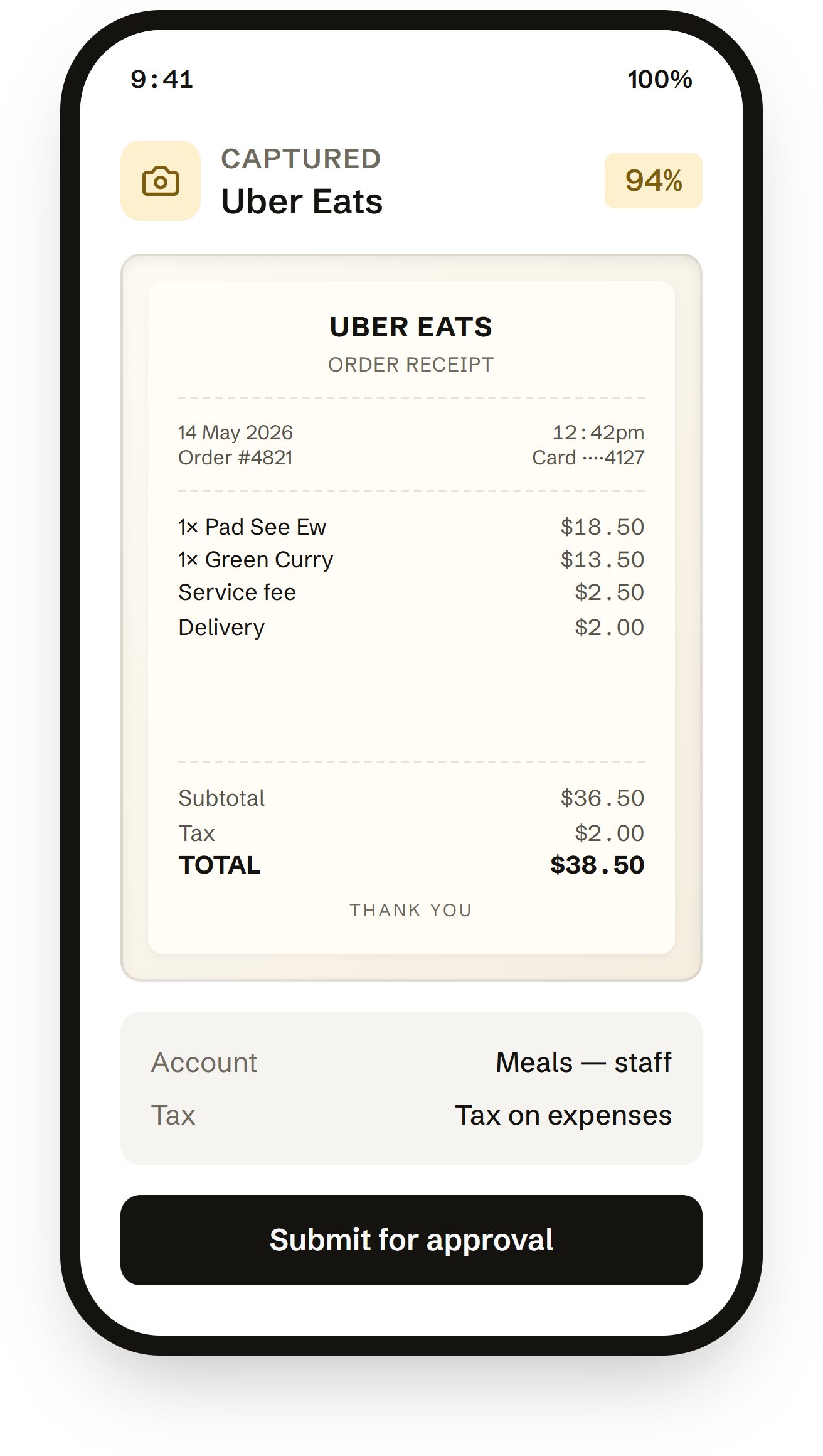 Synced Go on a phone, with an Uber Eats receipt captured, coded to Meals — staff and ready to submit for approval.