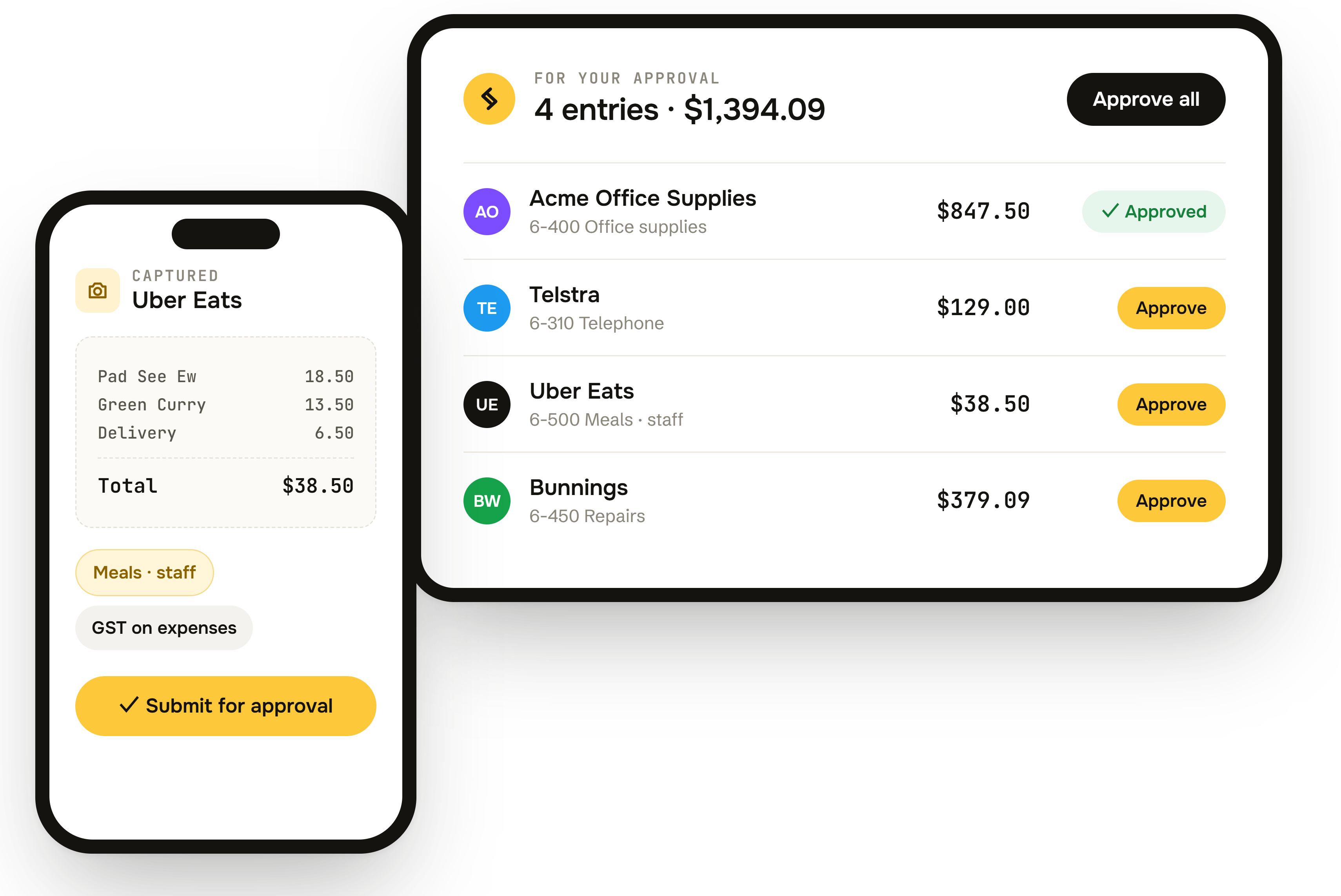 Synced Go on a phone, with an Uber Eats receipt captured and coded to Meals · staff, ready to submit, beside a tablet showing four entries waiting for approval.