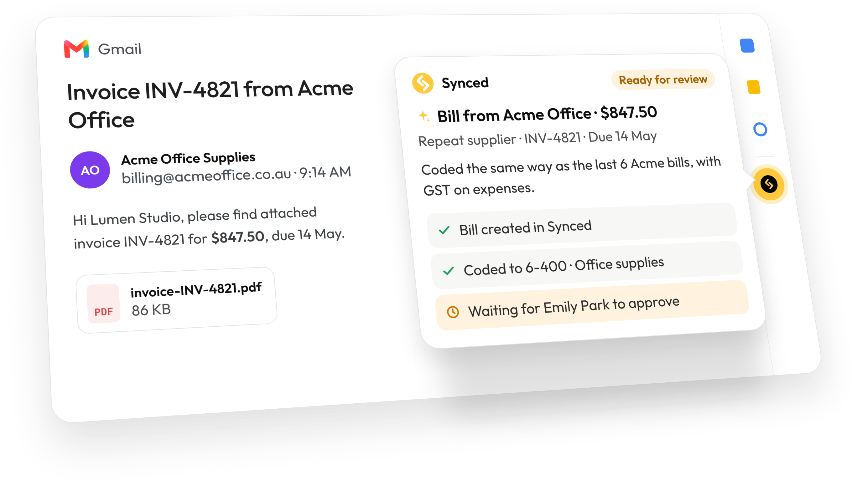 An Acme Office Supplies invoice open in Gmail, with the Synced panel beside it: bill created, coded to 6-400 Office supplies, and waiting for Emily Park to approve.